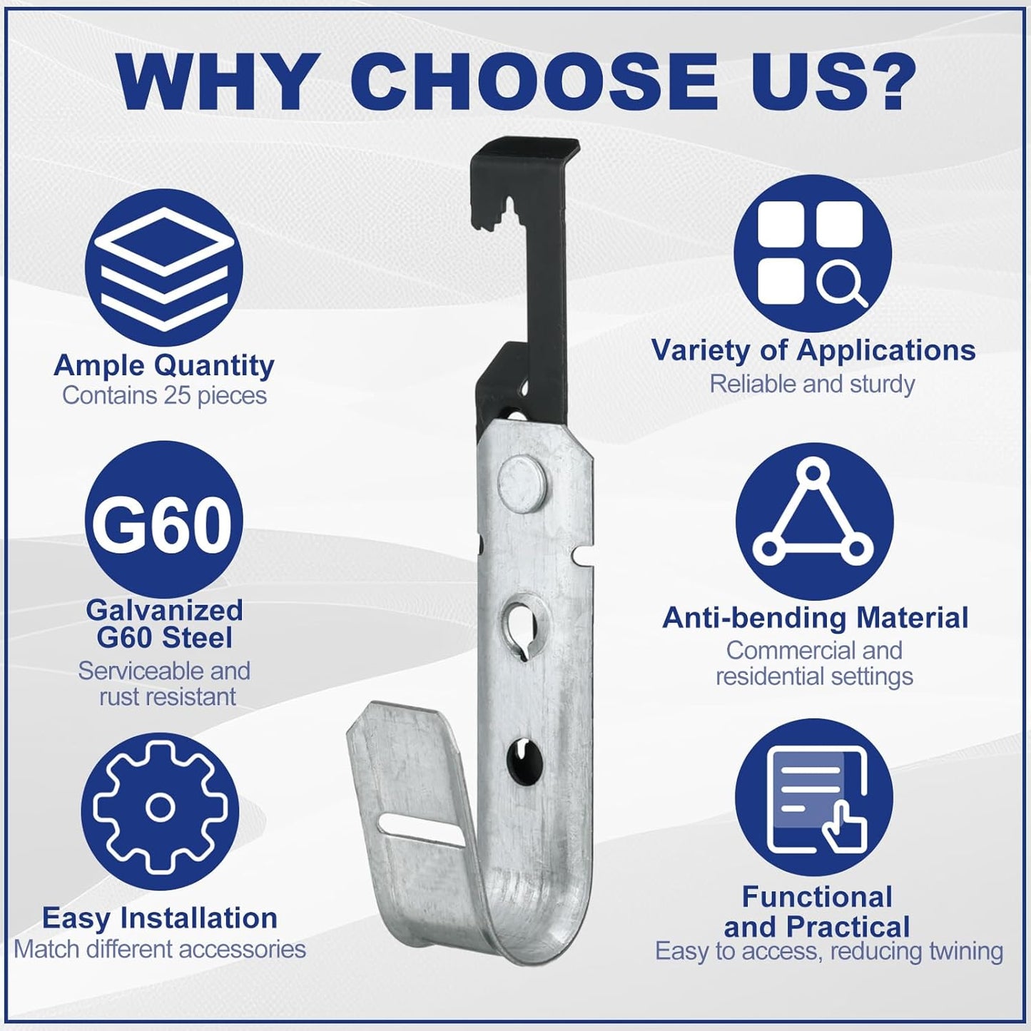 Zonon 25 Pcs J Hooks for Hanging Metal J Hook Hangers Cable Support with Bat Wing Heavy Duty G60 Galvanized Steel Cable Hooks for Attaching Ceiling Wire Threaded Rod, Ul Certification(1-5/16 Inch)