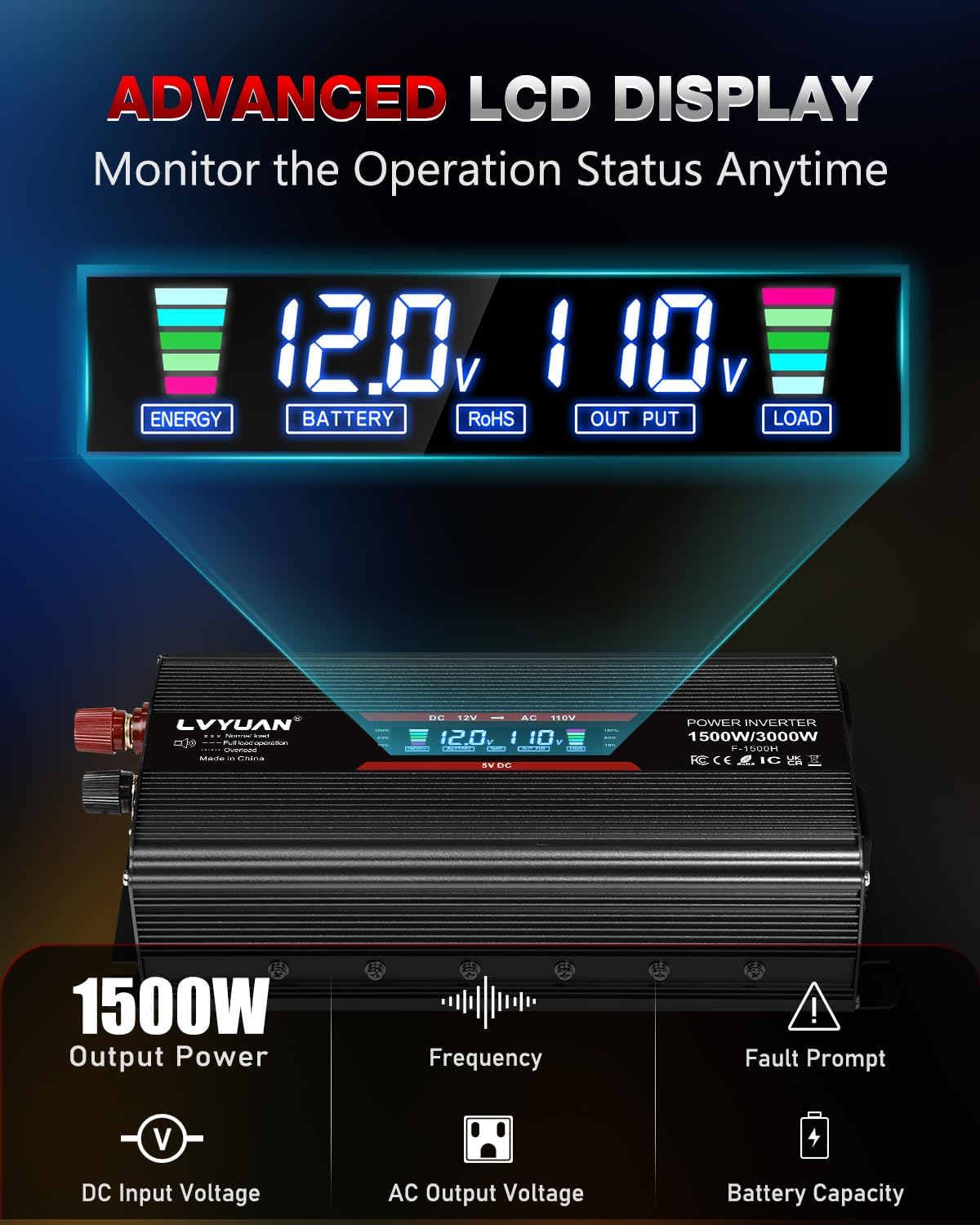 LVYUAN 1500W Car Power Inverter 12V to 110V DC to AC with 2 US Sockets, Cigarette Lighter, LCD Display, USB Ports for Car, Home, Truck, Outdoor, Camping