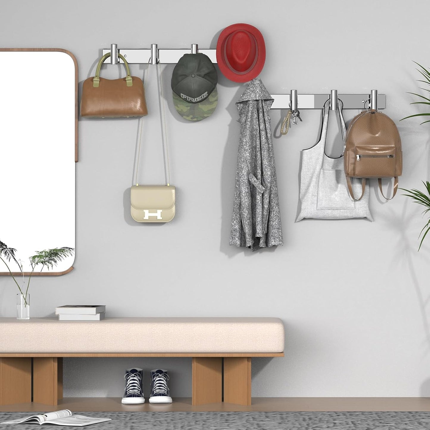 VAEHOLD Hat and Coat Wall Mount Rack - Hooks for Robes, Bags, Keys, and Towels - Bathroom Towel Hanger Organizer (Polished Chrome, “T“ Shape 4 Hooks 1 Pack)