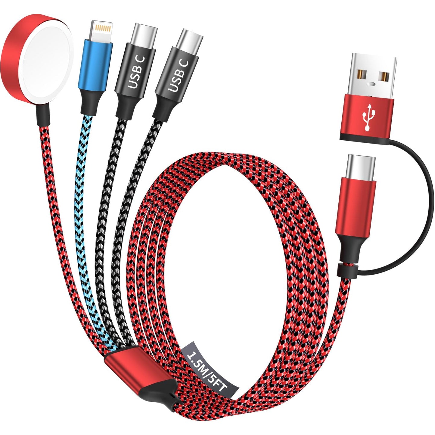 Travel Essentials 4in2 Multi Charging Cable for Apple Watch Charger,USB A/C to Dual Type C/IP/iWatch Charger,Travel Chargers for Multiple Devices Compatible with iWatch Series&iPhone 16-12 5FT