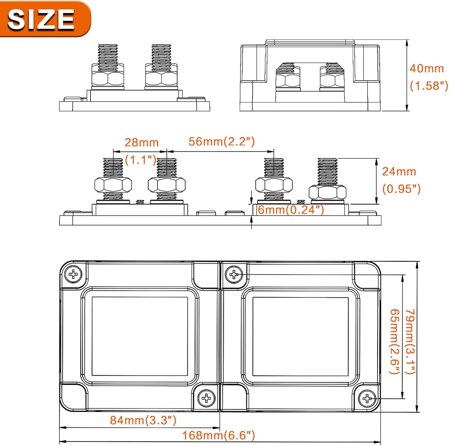 400A Bus Bar 8 M10 (3/8 inch) Terminal Studs Modular Design Tin Plated Copper Distribution Block Negative Pole Electrical Buss Bars 12-48 V DC with Cover for Trailer Marine Boat Car RV