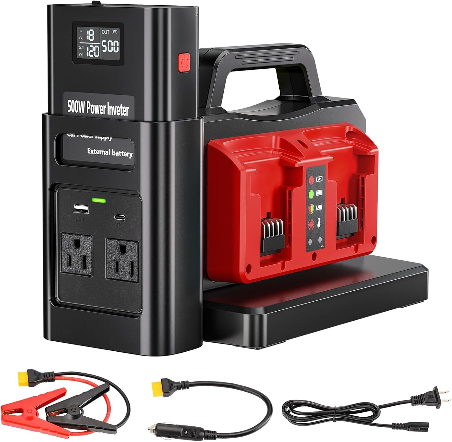 500W Pure Sine Wave Power Inverter for Milwaukee M18 18V Battery, 4-Ports DC 18V to AC(2 Outlets) 120V Car Charger Plug Inverter Adapter Converter for Camping, Emergencies(Tool Only)