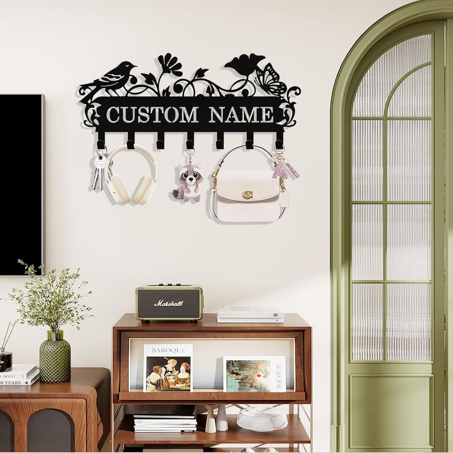 Personalized Bird Key Holder Wall Mount, Custom Metal Key Rack Key Holder with Name, Deer Cabin Wall Keys Hanger with Hooks for Entryway, Front Door, Hallway, Kitchen, Living Room
