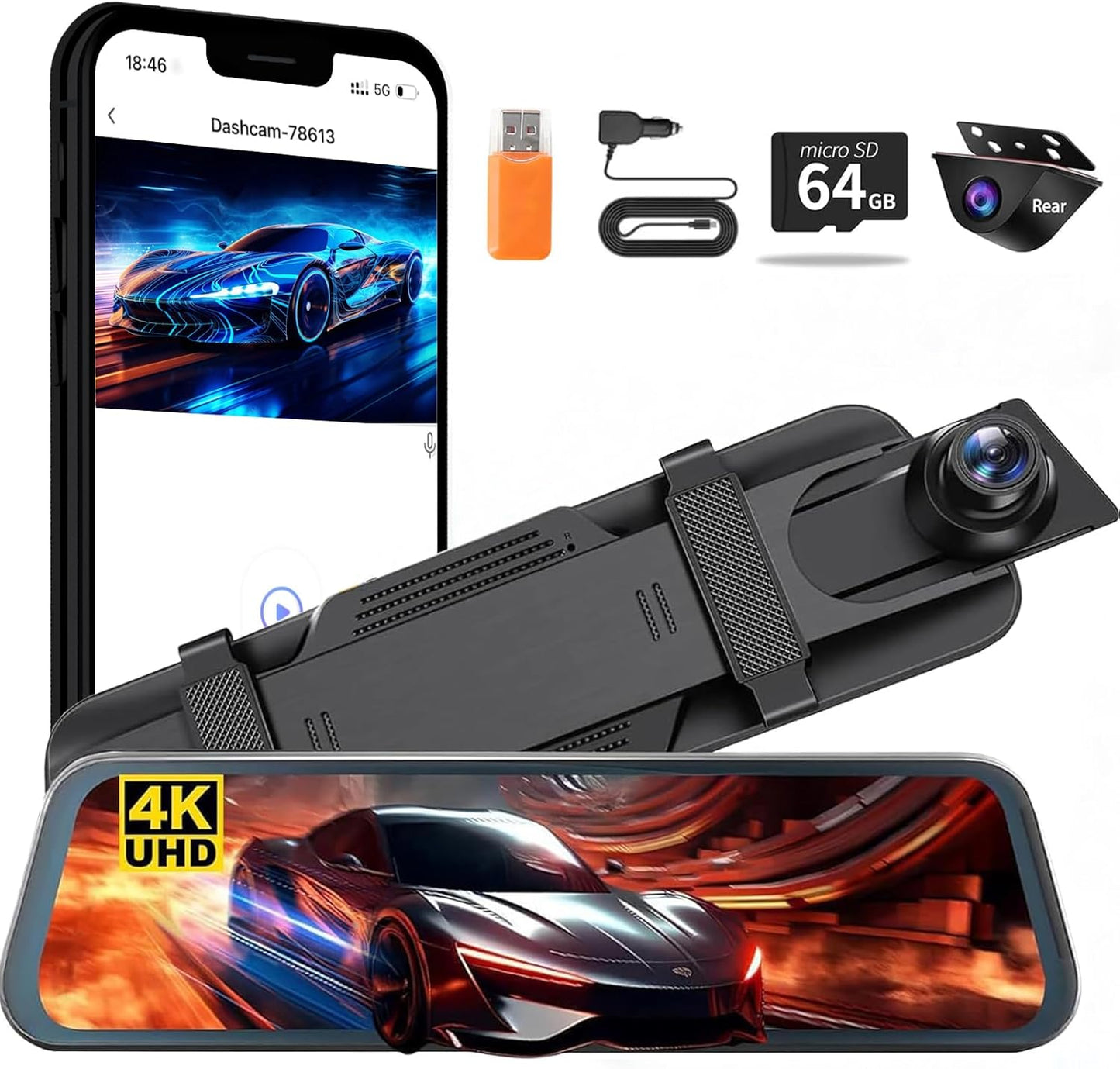 Mirror Dual Dash Camera for Car, Dashcam 4K Front 1080P IMX307 Rear View/ADAS BSD LCA Wi-Fi&APP WDR Night Vision G-Sensor Loop Recording Parking Monitor 64GB Card