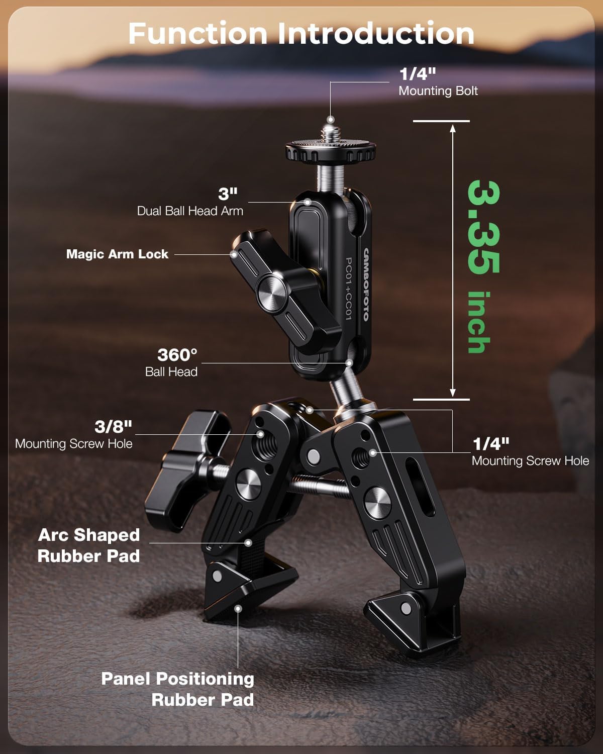 Super Clamp Camera Mount, 360° Dual Ballhead Magic Arm, 1/4"-20 & 3/8"-16 Threads, Super Clamp Kit for Phone/LED Lights/DSLR Camera/Gopro/Ronin-M/MOVI/Insta360/Tripod/Desk