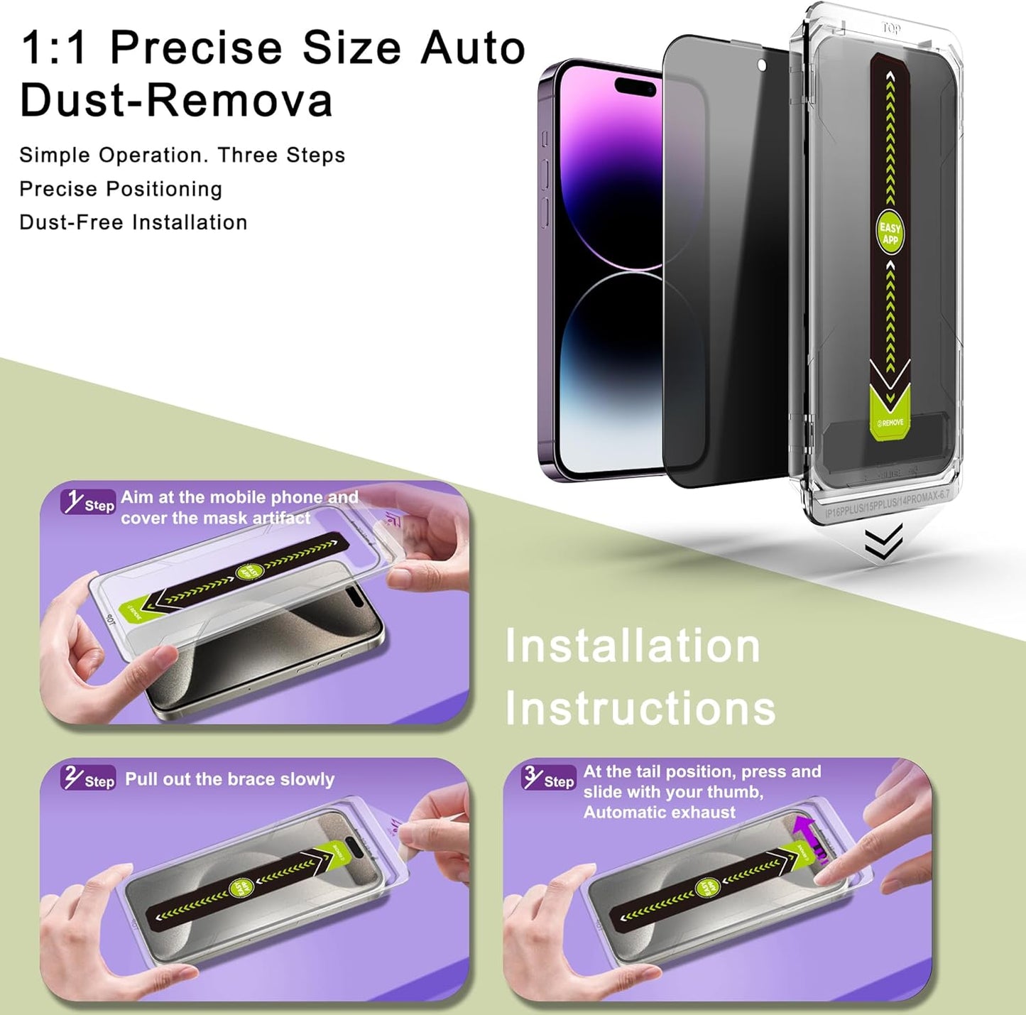 (2-Pack Anti-Spy Privacy Screen Protector for iPhone 14 Pro Max/15 Plus/16 Plus(6.7-Inch),9H Tempered Glass,Full Coverage,Anti-Fingerprint,Auto Dust Removal,Bubble-Free,Easy Installation