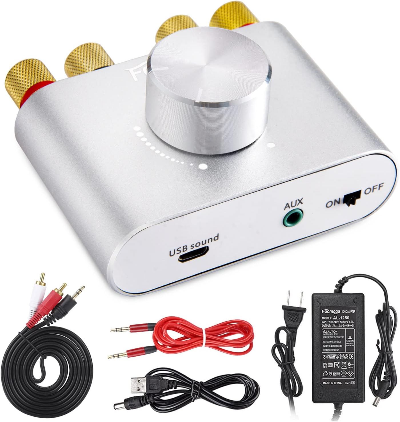 Facmogu F900S 160W Bluetooth 5.0 Mini Amplifier, 80Wx2 2.0CH Audio Power Amplifier, Hi-Fi Stereo Sound Digital Amp Wireless Speaker Amp Receiver w/AUX/USB/BT Input & 12V 5A Power Adapter - Silver