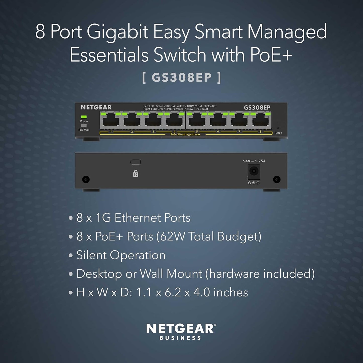 NETGEAR 8 Port PoE Gigabit Ethernet Easy Smart Managed Essentials Switch (GS308EP) - with 8 x PoE+ @ 62W, Desktop or Wall Mount