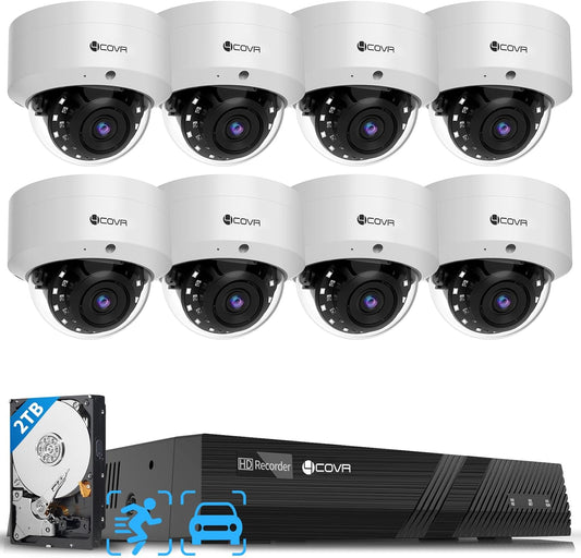 4COVR PoE Security Camera System, 8X 5MP IK10 Vandal-Proof IP67 Dome IP Camera with Audio, 8CH 4K NVR 2TB HDD, AI Human Vehicle Detection & Night Vision, 24/7 Home Recording, LY54AX5M0808