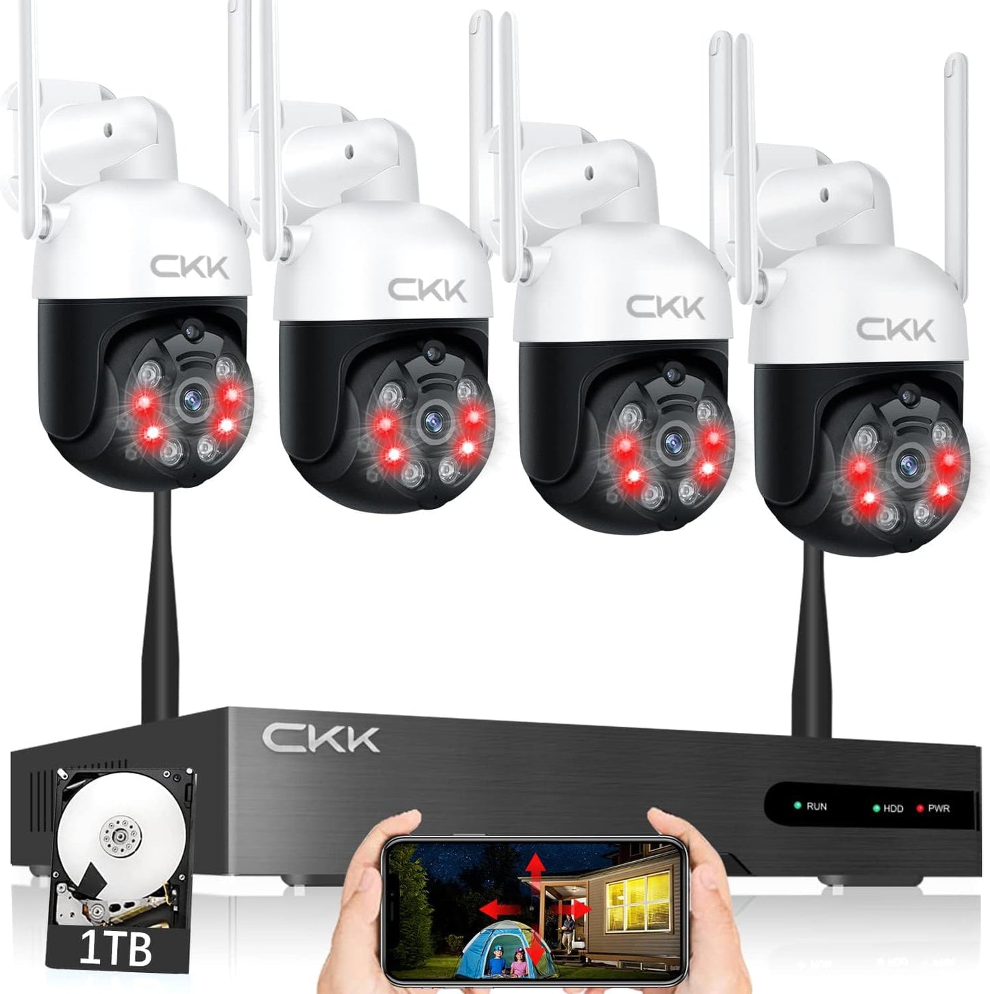 3MP PTZ CKK Cameras, 4pcs Wireless Security Camera System Outdoor with 1TB Hard Drive, 8 Channel 3MP WiFi Surveillance NVR System, 2 Way Audio, Floodlights & Siren Alarm,AI Human Detection