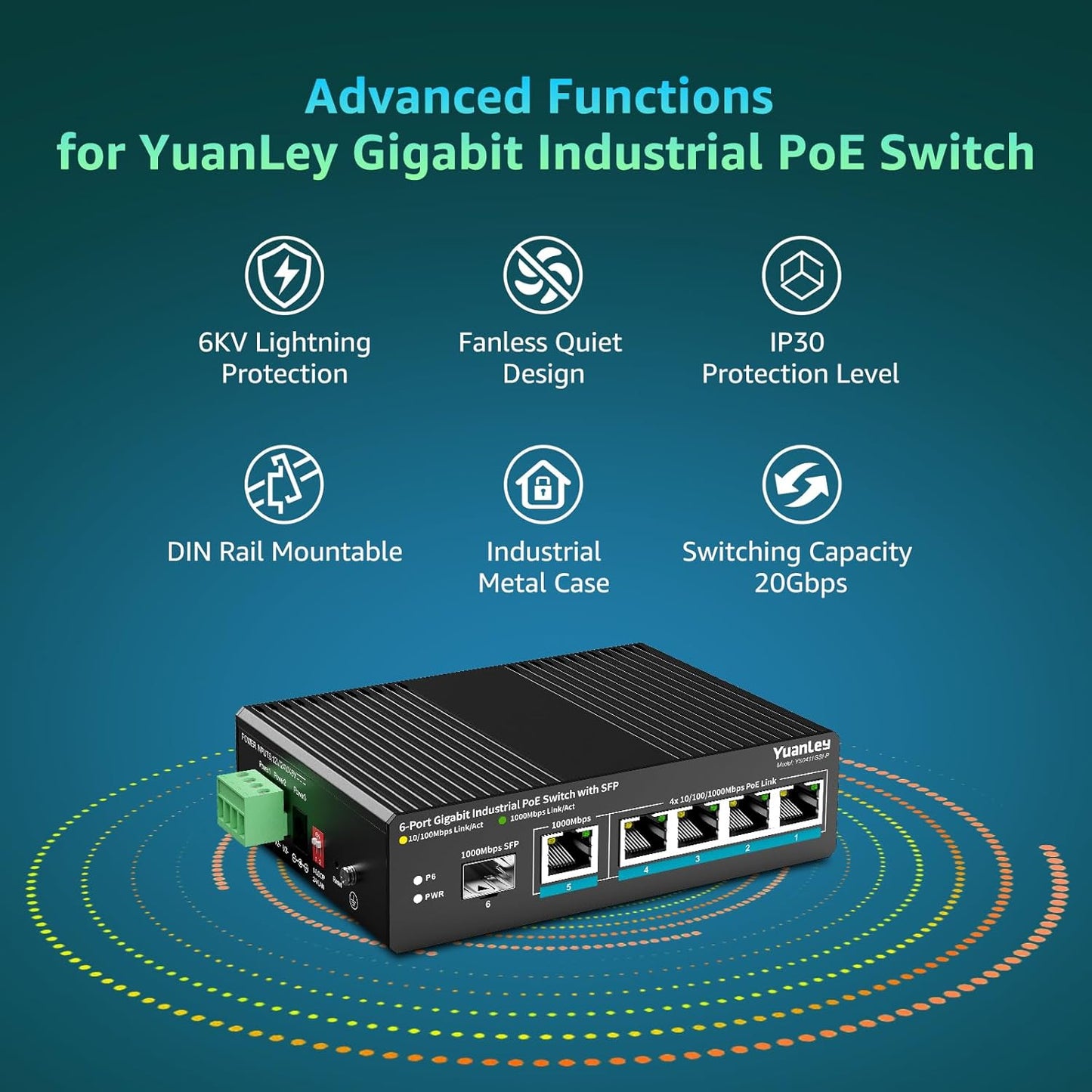 YuanLey 6 Port Industrial Switch with 4 Port PoE Gigabit, 1 1000Mbps Uplink, 1 SFP Port, Unmanaged Din-Rail PoE Switch with 66.25W Power Adapter, Support IEEE802.3af/at, VLAN & Loop