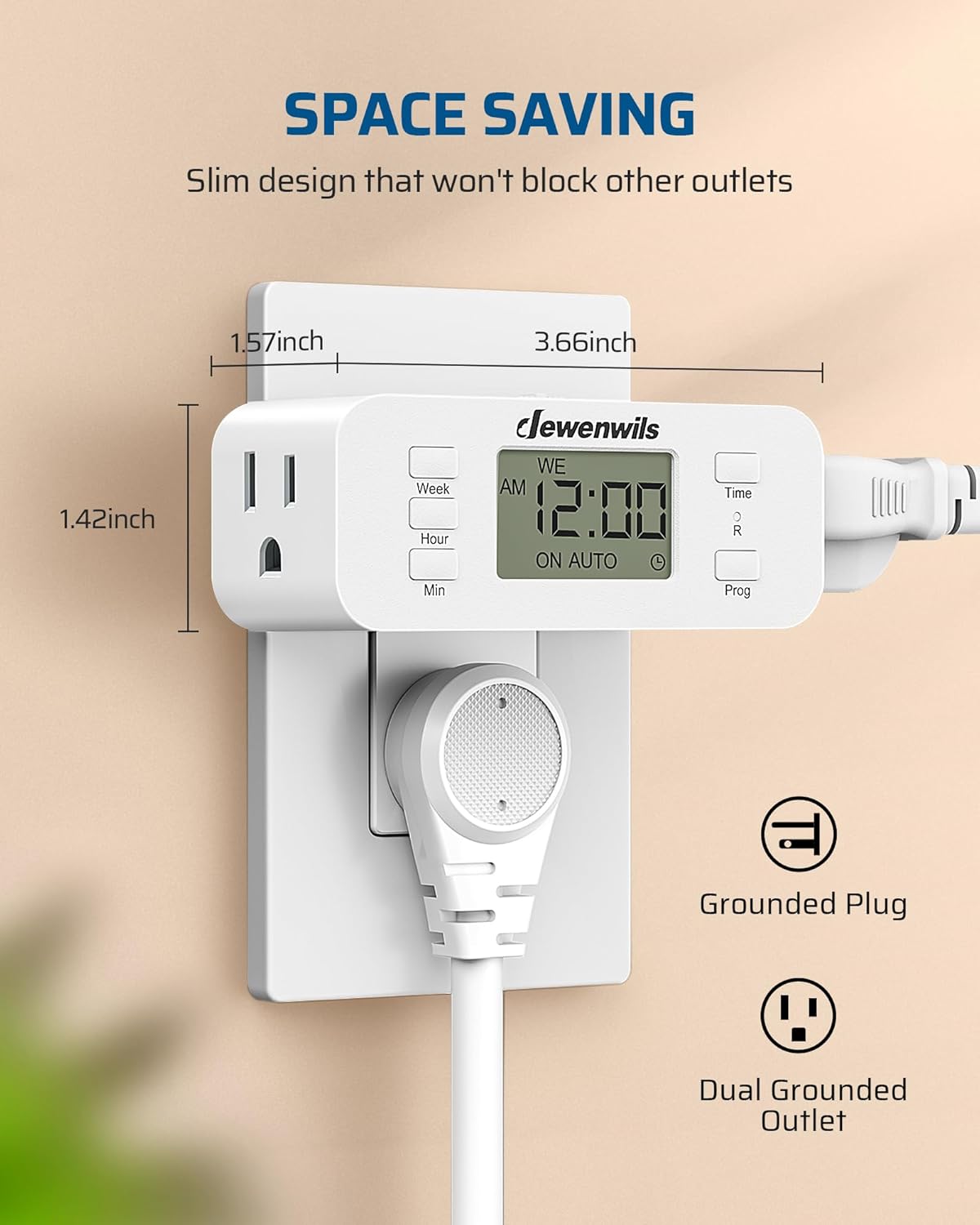 DEWENWILS 7 Day Heavy Duty Timers for Electrical Outlets, Dual Outlet Digital Timer, 3 Prong Programmable Light Timer for Indoor Lamp, Light, Fan, Pets, Home, Kitchen, Office, 125V 60Hz, 1 Pack