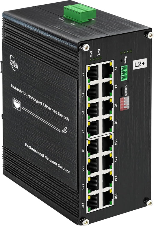 Industrial L2+ Managed 16 Port PoE Ethernet Switch, Gigabit Networking Switch with IPv4/IPv6 Management and DIP Switch, Supporting Din-Rail