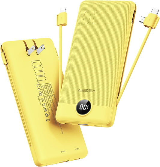VEGER Portable Charger for iPhone with Built in Cables and Wall Plug, 10000mah Slim Fast Charging USB C Power Bank, Travel Essential Battery Pack Compatible with iPhone, iPad, Samsung etc(Yellow)