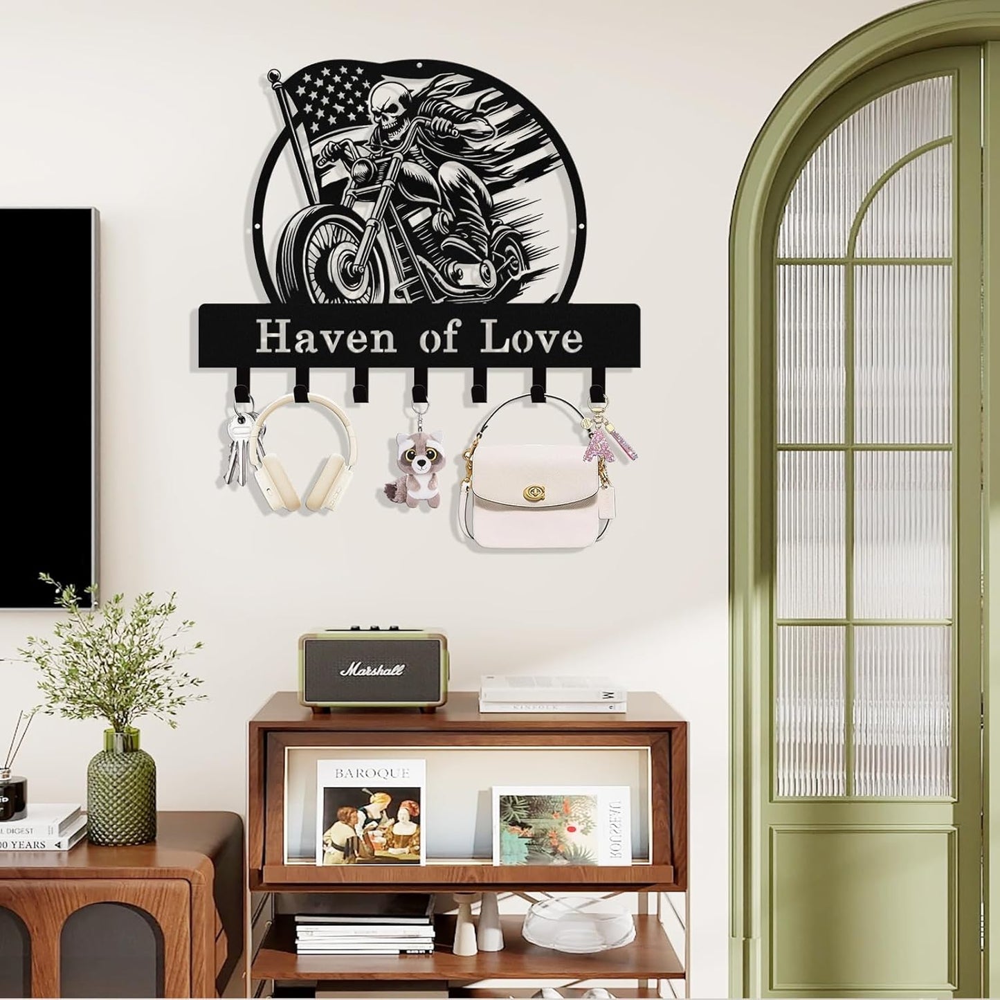 Personalized Skull Motocycle Key Holder Wall Mount, Custom Metal Key Rack Key Holder with Name, Deer Cabin Wall Keys Hanger with Hooks for Entryway, Front Door, Hallway, Kitchen, Living Room