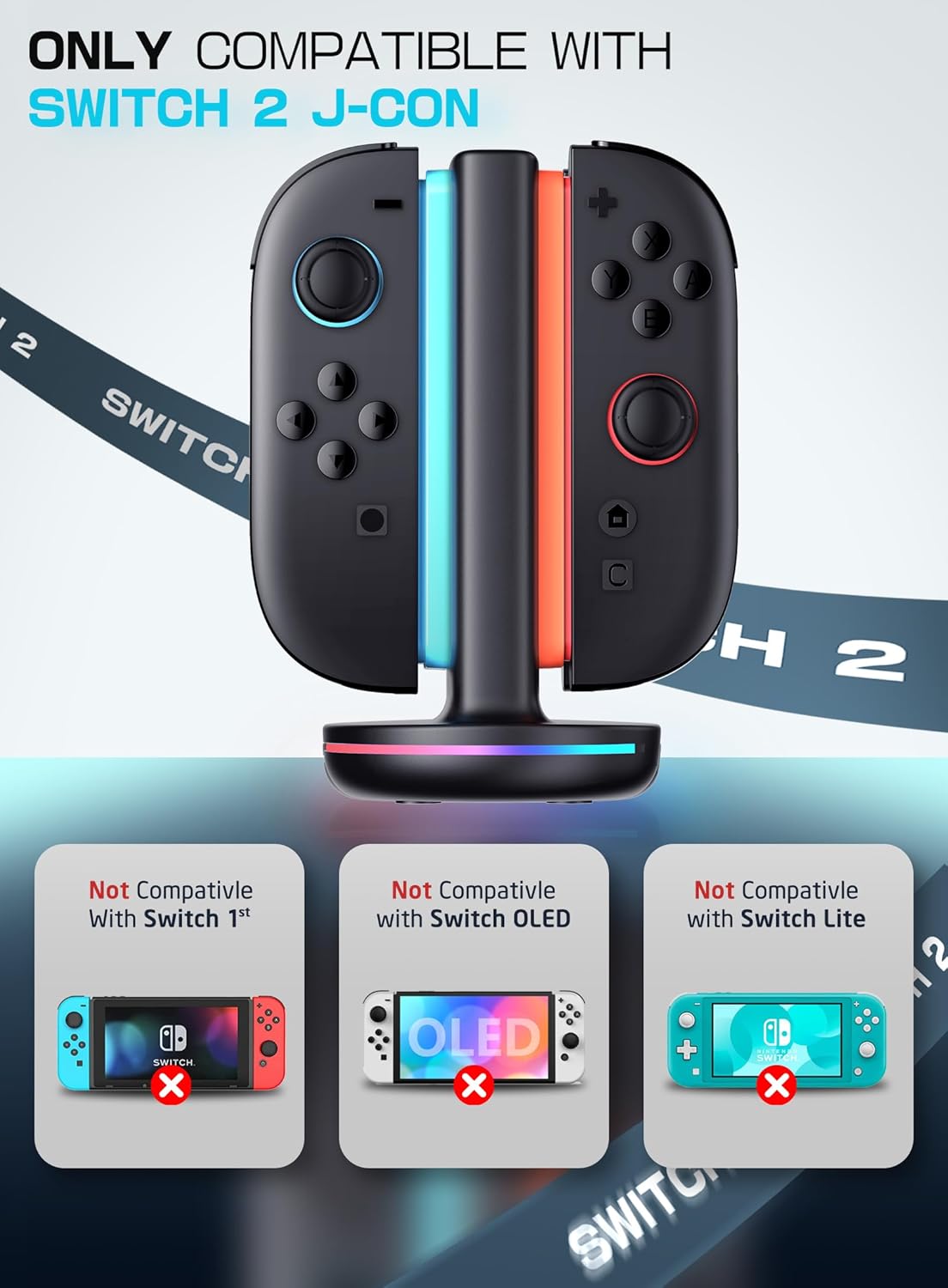 SUPCASE Charging Dock for Nintendo Switch 2 Joy Con, [Supports Dual-Side Charging] [9 Light Modes] Magnetic Controller Fast Charger Stand Station Compatible with Switch 2 Joy Con Accessories, Black