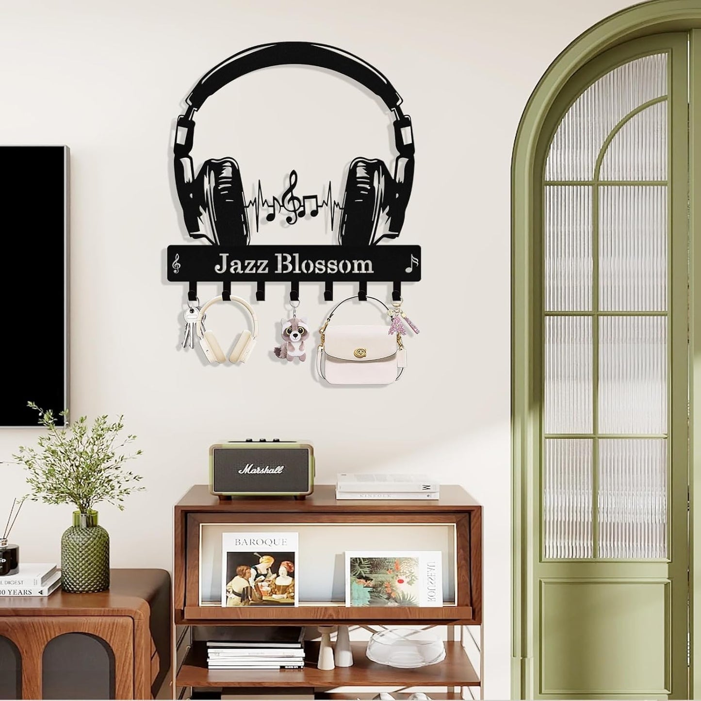 Personalized Headphone Key Holder Wall Mount, Custom Metal Key Rack Key Holder with Name, Deer Cabin Wall Keys Hanger with Hooks for Entryway, Front Door, Hallway, Kitchen, Living Room