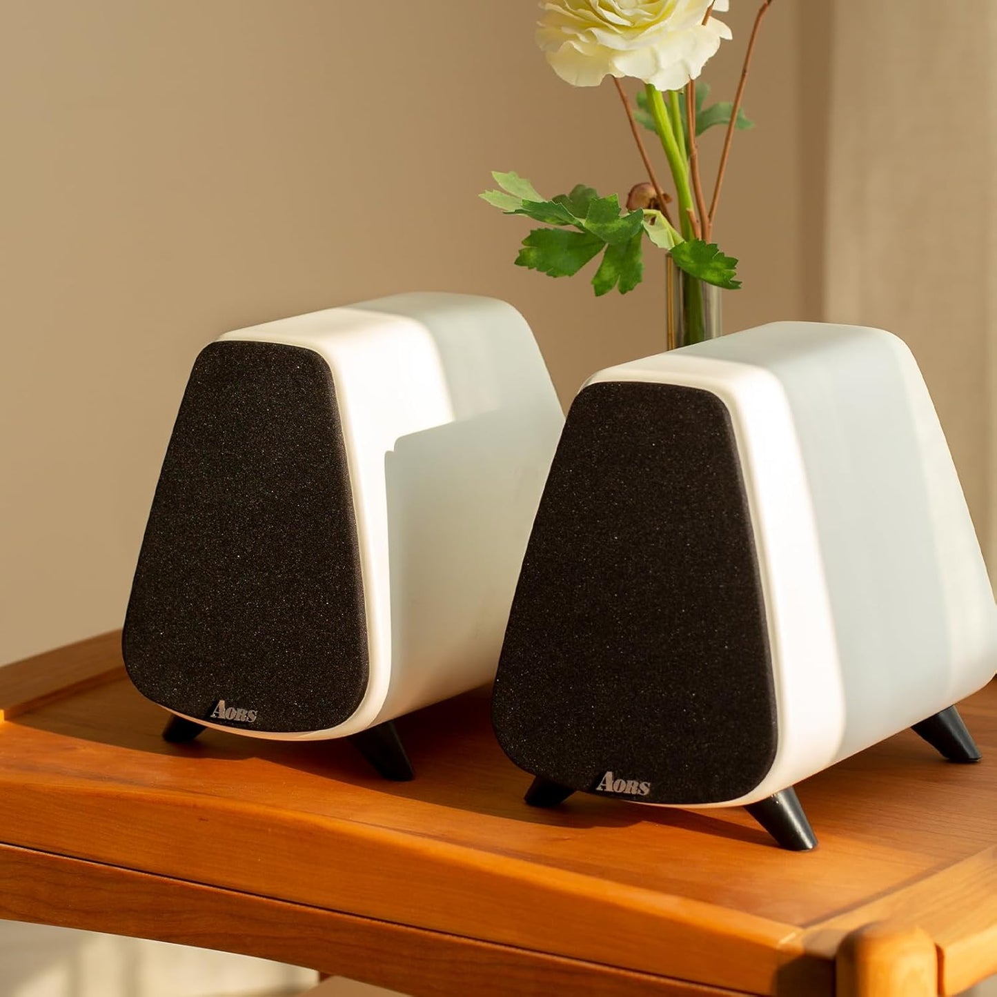 AS31 Active Bookshelf Speakers Bluetooth 5.3, 2-Way Stereo PC Desktop 80W RMS/3-inch Bass/Midrange/RCA and Fiber Optic Inputs, Wooden Compact High-Power Speakers - Matte Skin White