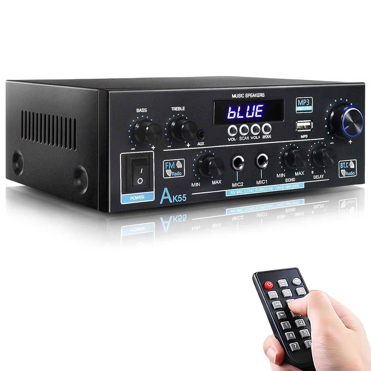 AK55 Stereo Amplifier Home Audio, Bluetooth 5.0 Max 450W Power Stereo Receivers 2.0 Channel Audio Amplifier for Speaker W/Remote Control/AUX/RCA/Echo/USB/2 MIC in for Home Party, Karaoke