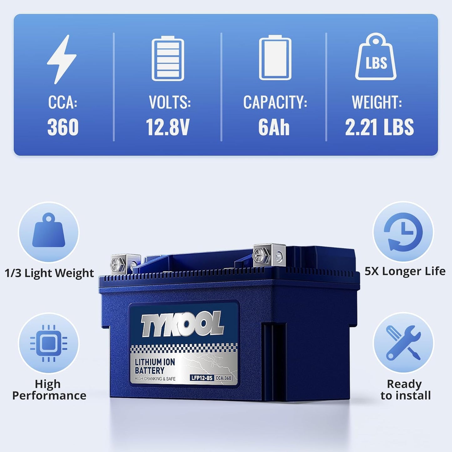 YTX12-BS High Performance LiFePO4 Lithium Motorcycle Battery,360CCA,12V 6Ah,Digital Readout,Fits for Honda TRX250 Recon,Suzuki LT-F250 Ozark,BRP (CAN-AM) DS250 ATV,Polaris RZR UTV,Vespa 300cc Scooter