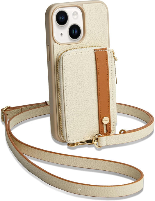 LAMEEKU for iPhone 15 Wallet Case with Credit Card Holder, Zipper Leather Crossbody Case with Phone Grip Holder Stand Wrist Strap Lanyard for Women for Apple iPhone 15 6.1 inch Beige