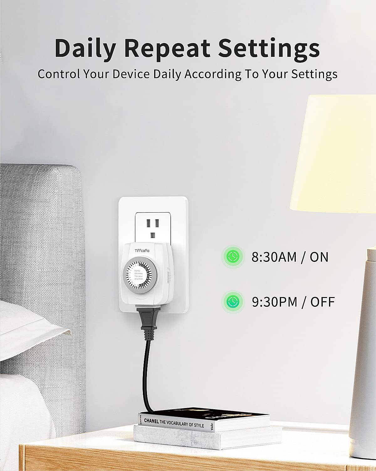 TiFFCOFiO Indoor Mechanical Outlet Timer, 3 Prong Timers for Electrical Outlets, 24-Hour Programmable Plug in Light Timer, ETL Listed (1 Pack)