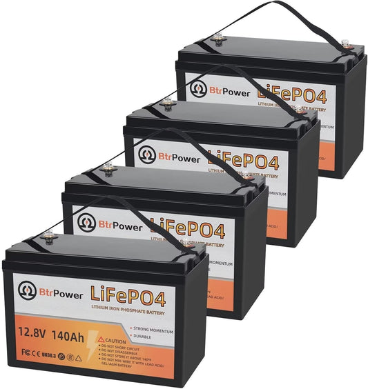4 Pack 12V 140Ah Lithium LiFePO4 Deep Cycle Battery,Support 4S4P,Built-in 100A BMS 5000-7000 Cycles Perfect for RV Solar Marine Overland Off-Grid Application