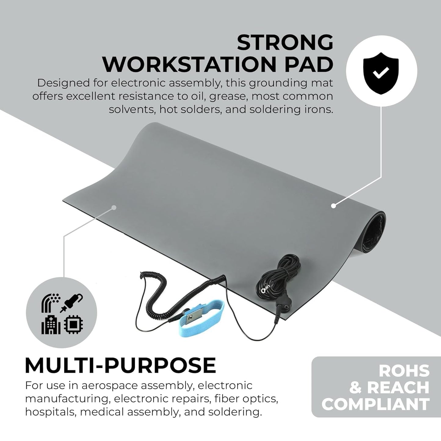 MWRF Source™ ESD Mat Kit with Wrist Strap and Grounding Cord (2.5 FT x 3 FT x 0.12 Inch, Grey)