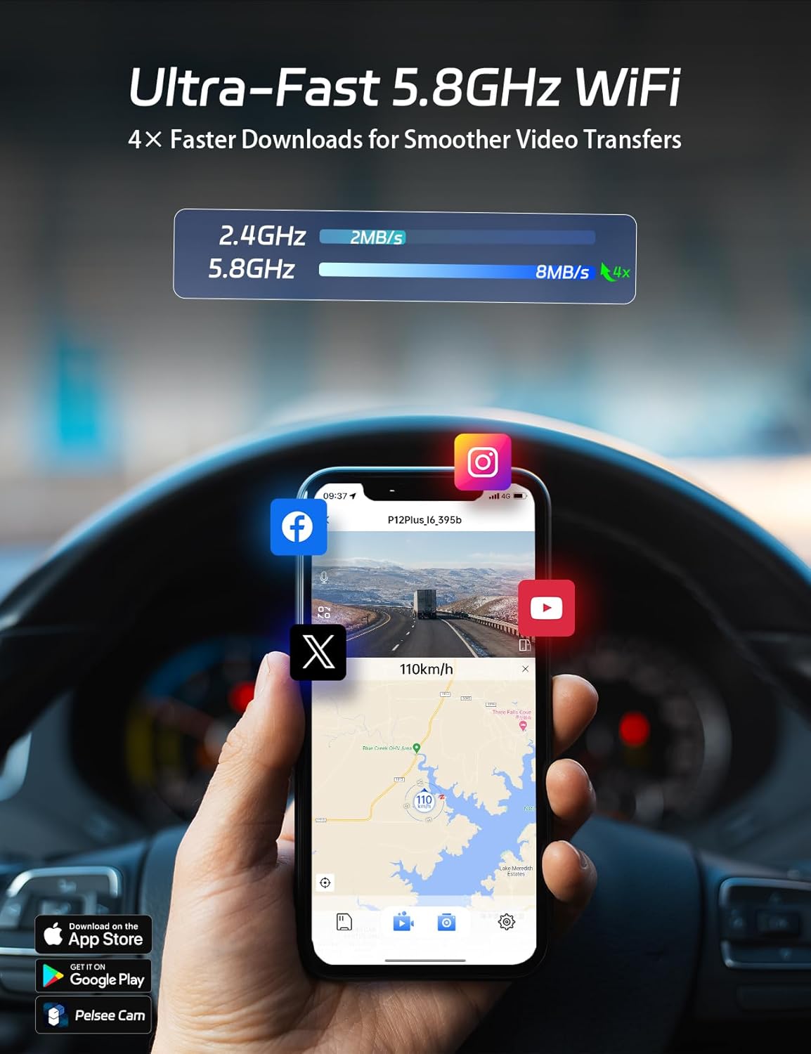 Pelsee P12 Plus 4K Rear View Mirror Camera with ADAS and BSD, 5.8GHz WiFi Mirror Dash Cam Front and Rear, Backup Camera for Car, GPS, 64GB Card Included, WDR Night Vision, Voice Control, 12" Display
