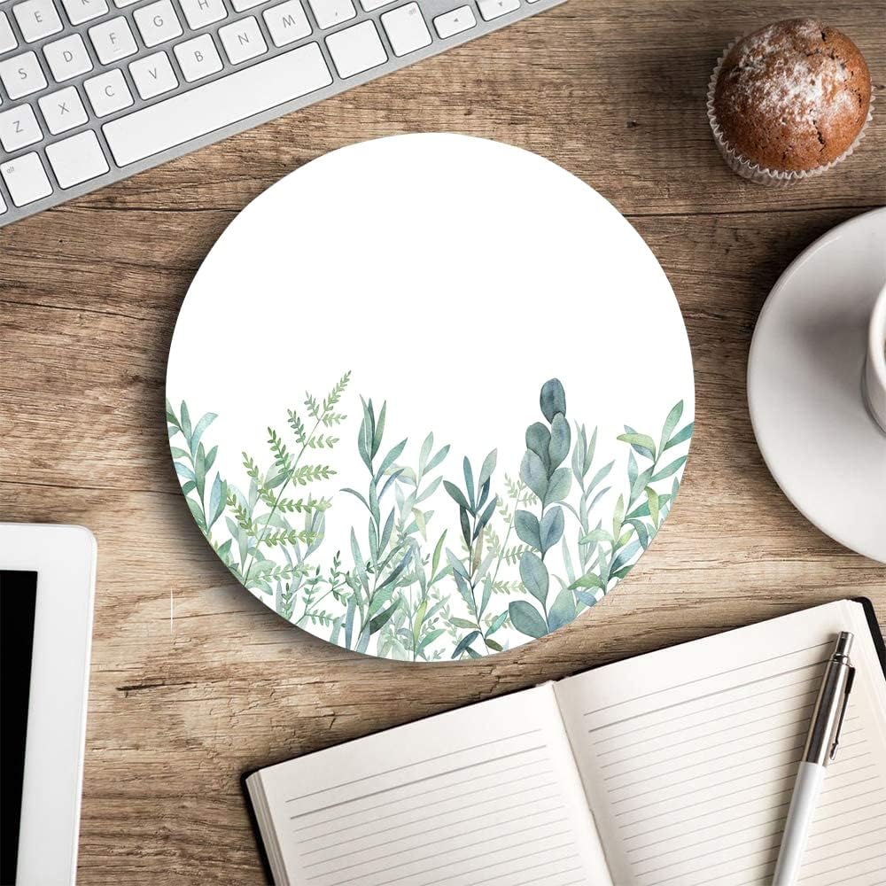 Round Mouse Pad, Green Grass Mouse Pad, Washable Gaming Mousepads with Lycra Cloth, Non-Slip Rubber Base Computer Small Mouse Pads for Wireless Mouse, Leaves