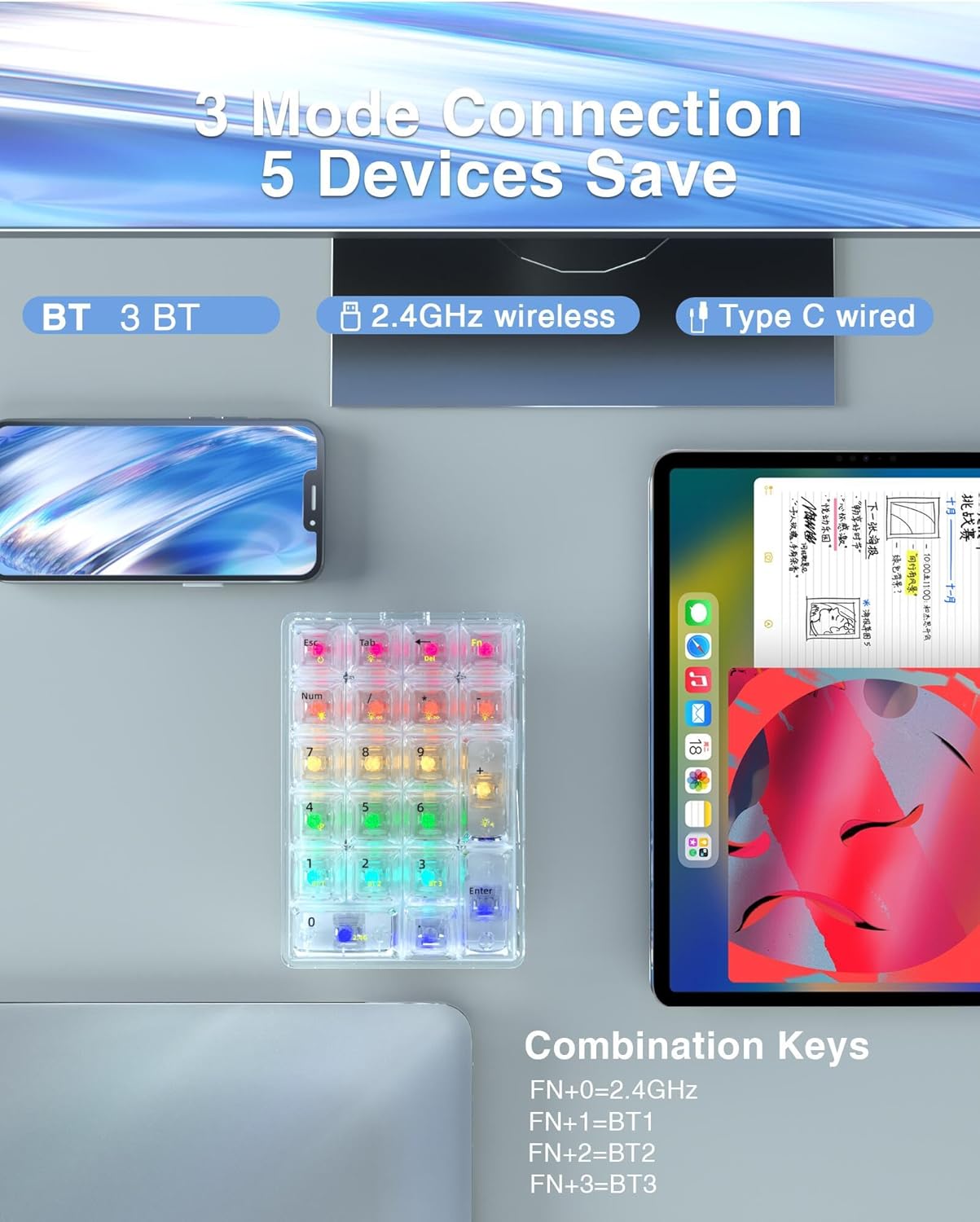 SOLAKAKA K21 RGB Backlit Tri-Mode Transparent Wireless Mechanical Number Pad Supports 3 BT/2.4GHz/Type C Wired,Hot Swappable 21 Keys Mechanical Numpad with Transparent Keycaps White