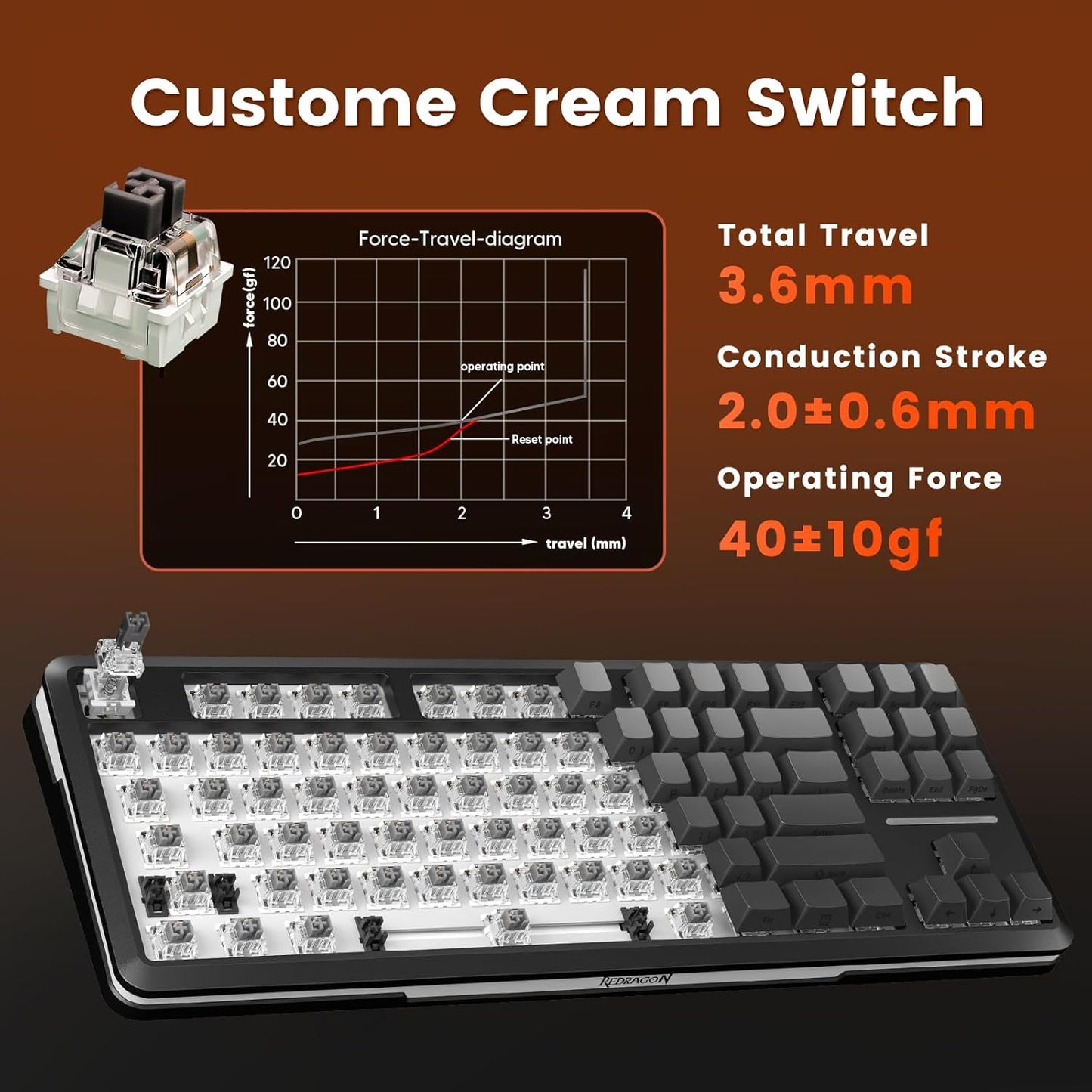 Redragon Wireless Mechanical Keyboard,3-Modes Bluetooth Gasket Hot Swappable TKL RGB Custom Keyboard,Pre-lubed Switches,Side Printed PBT Gradient Keycaps, South-Facing LEDs Socket