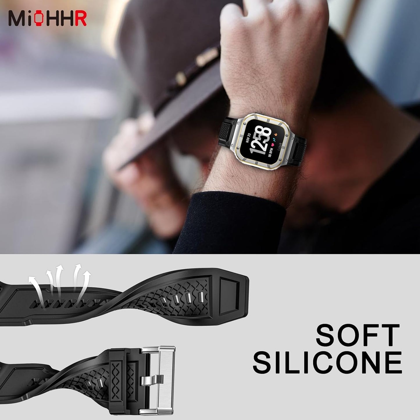 MioHHR Stainless Steel Case and Band Compatible with Fitbit Versa 4/3/2/Lite/Sense/Sense 2 Bands with Metal Case, Rugged Sports Protector Cover Silicone Wristbands for Men, Silver/Gold