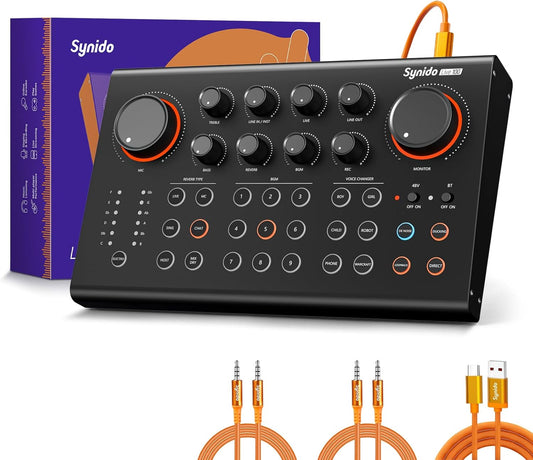 Synido Podcast Equipment Sound Card, Audio Interface Mixer with Pro-preamp, 48V Phantom, 9 Customize Sound Pads, XLR, 1/4", 1/8" Inputs for Live Streaming/Music Recording/Gaming/PC/Guitar, Black