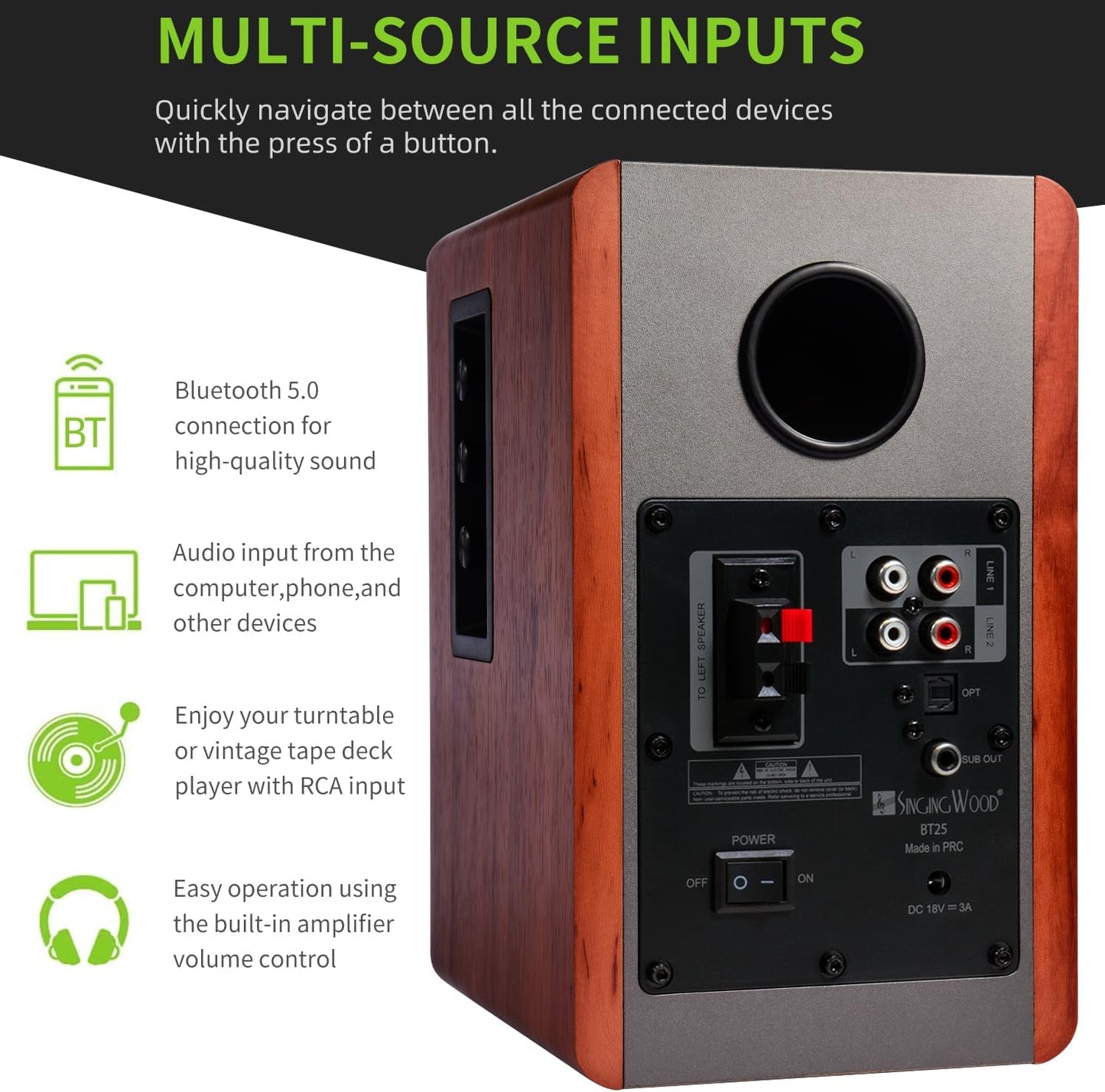 SINGING WOOD BT25 (2024 Version) Bluetooth Active Bookshelf Speakers for with Optical Aux inputs Subwoofer Line Out for PC, TVs, Turntable, Wooden Enclosure,80W - Cherry Wood