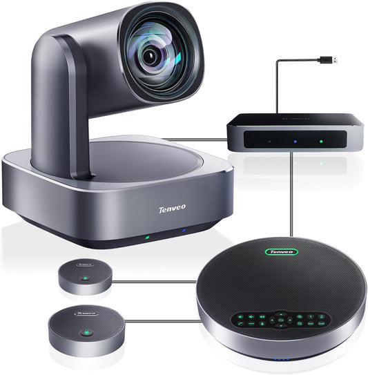 Tenveo 4K PTZ Conference Room Camera System Audio and Video Conferencing 12X Optical Zoom HDMI PTZ Camera and Bluetooth Speakerphone with 2 Expansion Mics Bundle Wide Angle for Large Remote Meetings