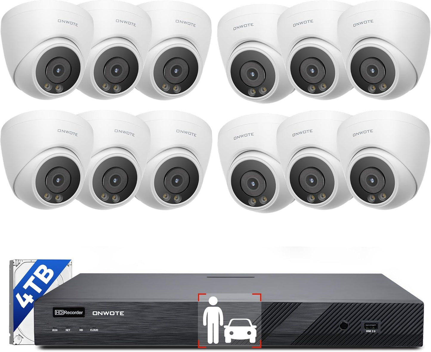 ONWOTE 16 Channel NVR PoE Security Camera System Wired, 12MP 4K 16CH Commercial NVR 4TB, Smart AI Color Night, 12x 6MP 122° Outdoor Audio IP Cameras, 12x Cables(Total 960ft), CCTV for Businesses Home