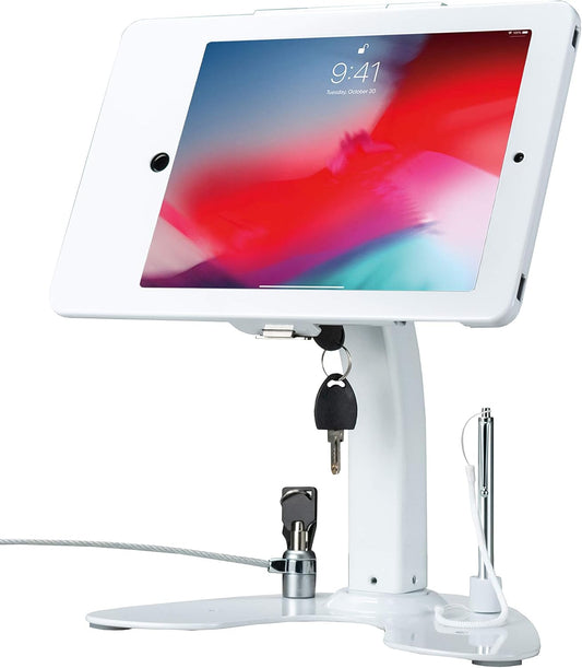 Dual Locking Stand – CTA Security Kiosk with Locking Case, Cable, Stylus, Tether, and 360-Degree Rotating Base for iPad Pro 10.5”, iPad Air 3, and Headphone Jack. (PAD-ASKTW) - White