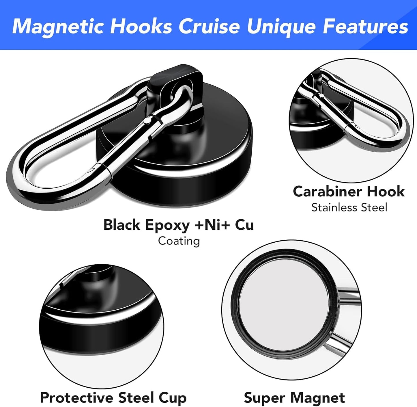LOVIMAG Strong Magnetic Hooks, 70LBS Magnetic Hooks Heavy Duty Strong Neodymium Magnets with Carabiner Hook, Magnet Hooks with Swivel for Kitchen, Hanging, Cruise, Grill, Refrigerator - 12 Pack Black