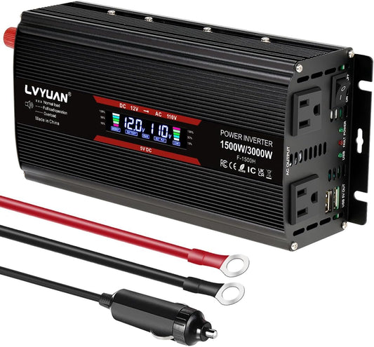 LVYUAN 1500W Car Power Inverter 12V to 110V DC to AC with 2 US Sockets, Cigarette Lighter, LCD Display, USB Ports for Car, Home, Truck, Outdoor, Camping