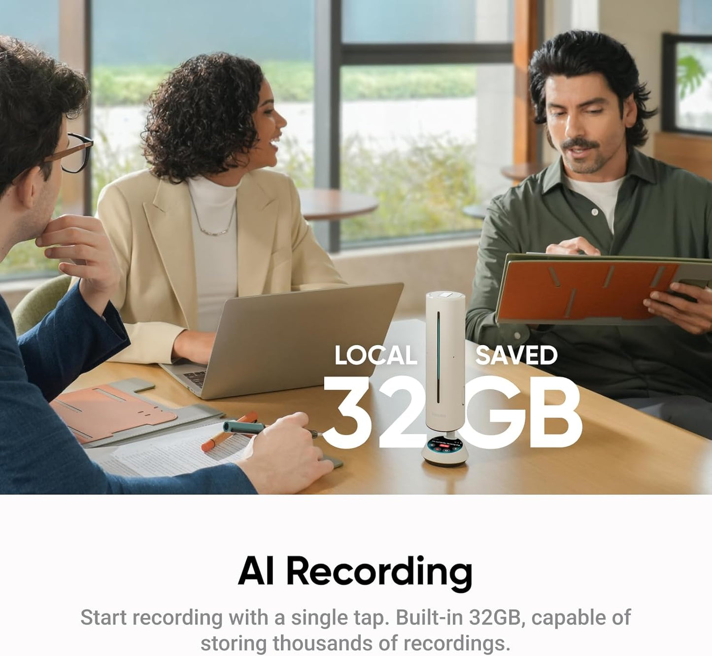 Insta360 Wave - AI Speakerphone, Bluetooth, Voice Recorder, 8 Noise-Canceling Mics w/Beamforming, AI Transcript & Summary, Support 99 Languages, 32GB Storage, Meetings, Podcasts, Livestreams