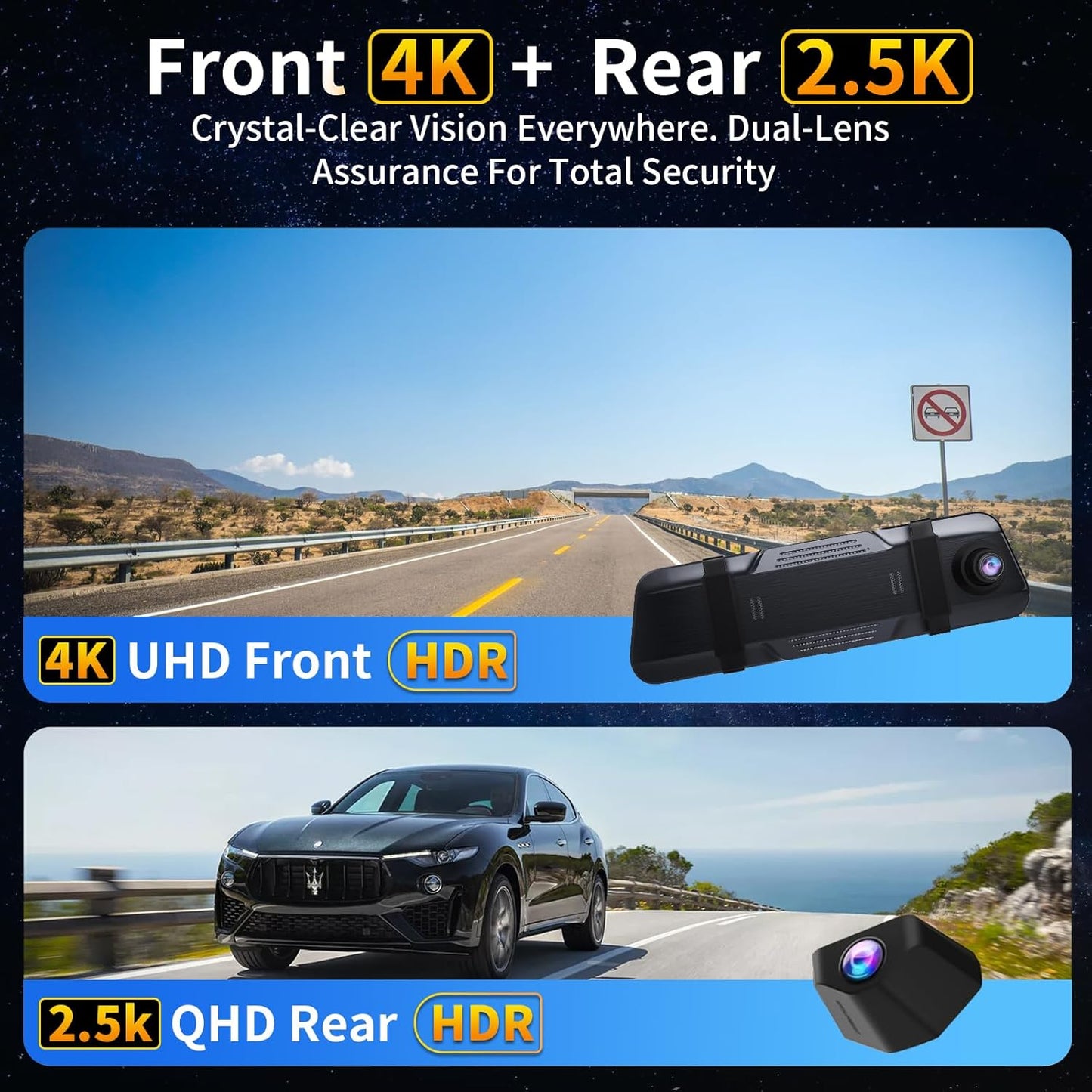 Mirror Dual Dash Camera with Voice Control,4K+2.5K 10" Rear View Mirror Camera with 5.8GHz WiFi and APP Control, WDR Night Vision, Loop Recording, G-Sensor, Parking Monitor 64GB Card Included