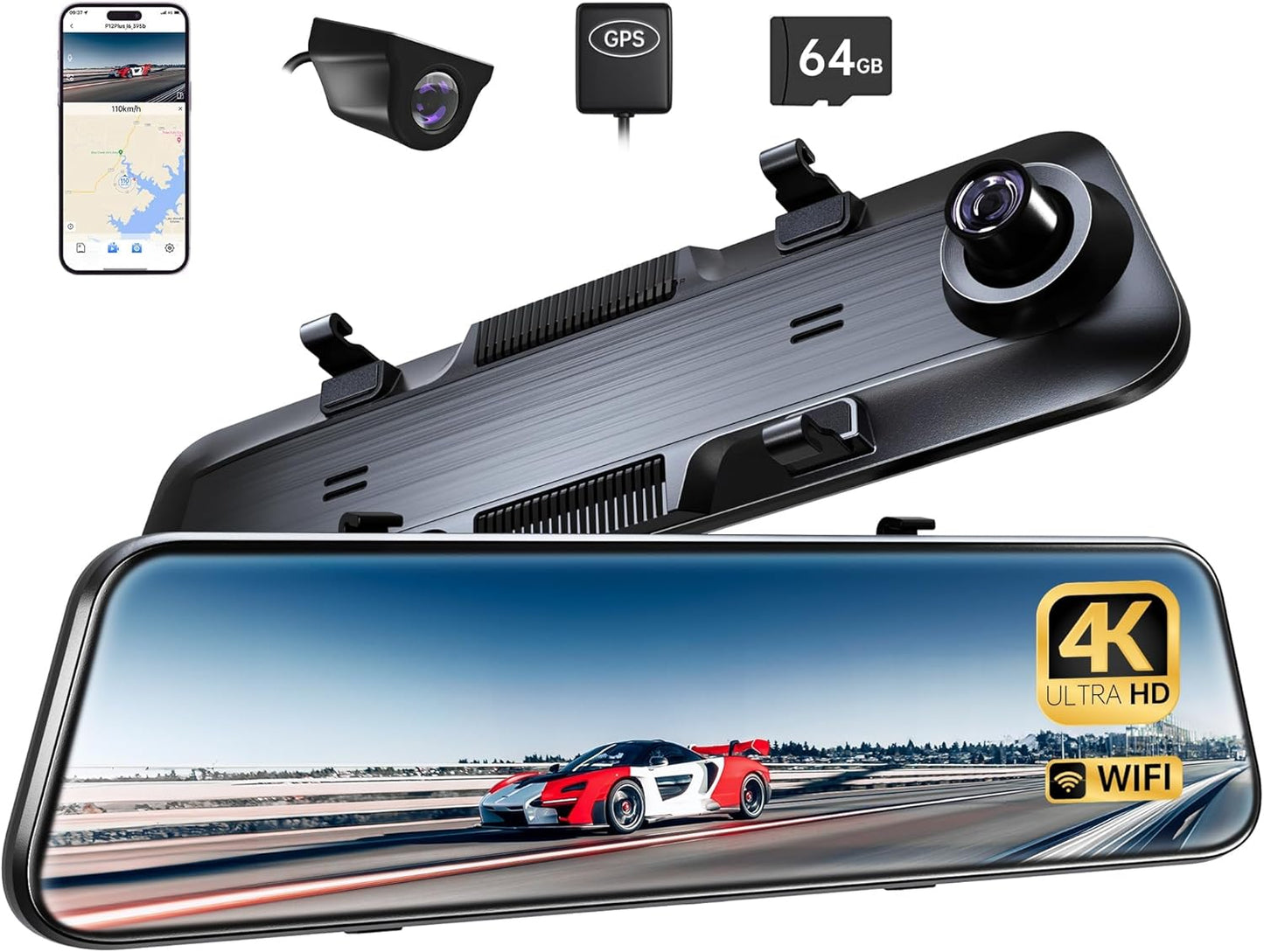 Pelsee P12 Plus 4K Rear View Mirror Camera with ADAS and BSD, 5.8GHz WiFi Mirror Dash Cam Front and Rear, Backup Camera for Car, GPS, 64GB Card Included, WDR Night Vision, Voice Control, 12" Display