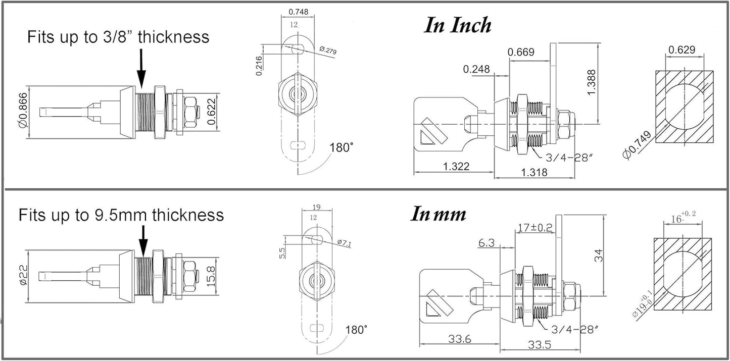 Admiral Locks Tubular Cam Lock, Keyed Alike Removable Key RV Compartment Storage Lock Cabinet Locks (Black Pack of 5, 5/8" 180°)