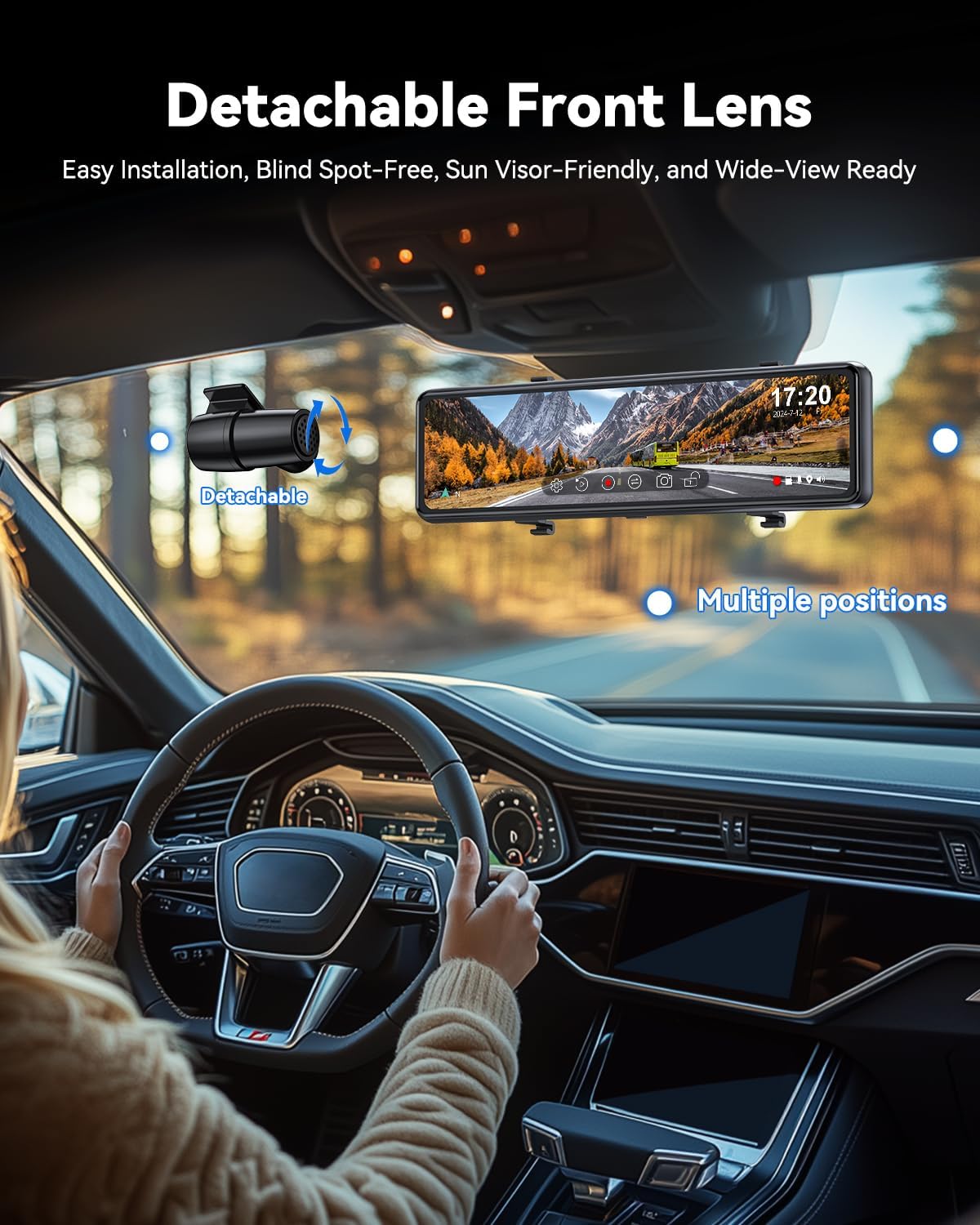 JOMISE T860+ Mirror Dash Cam 4K Front and 2.5K Rear, Detached Front Camera for 10-Minute Install, 3X Zoom Rear View Mirror Camera, 64GB Card Included, Night Vision, WDR, Parking Assist, GPS