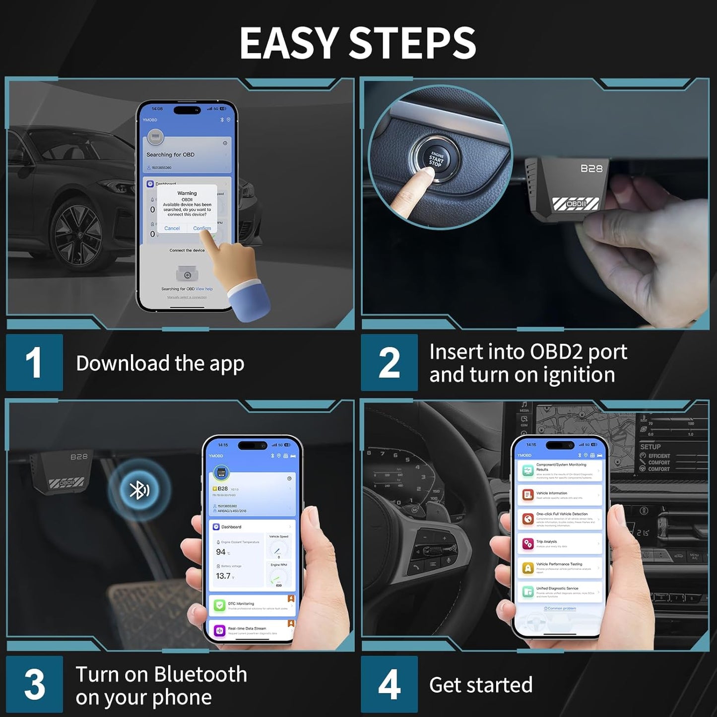 OBD2 Scanner for Car - Bluetooth 5.4 Codes can be Read and Cleared Quickly - Diagnosis of The vehicle's Engine, ABS, SRS, airbags and More Than 35,000 Problems Compatible with iOS and Android
