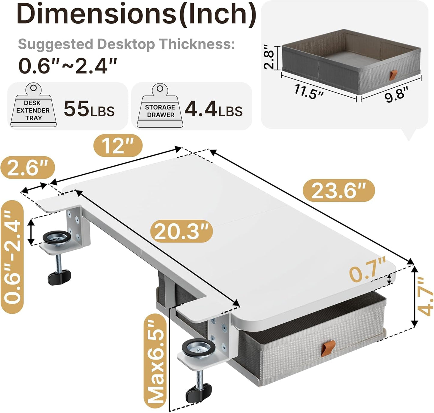 Desk Extender Tray, 24" x 12" Clamp On Desk Shelf, Desk Extension with Storage Drawer, Table Desk Arm Rest, Clamp On Keyboard Tray for Office and Home, Workstation Organizer, Medium, White