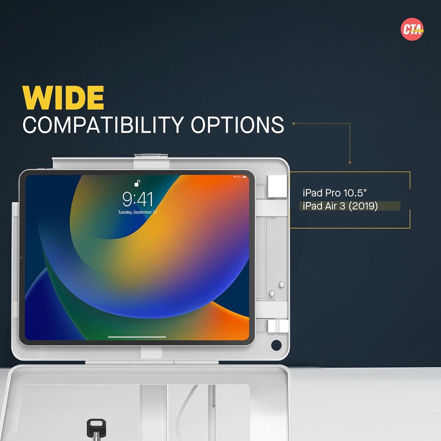 Dual Locking Stand – CTA Security Kiosk with Locking Case, Cable, Stylus, Tether, and 360-Degree Rotating Base for iPad Pro 10.5”, iPad Air 3, and Headphone Jack. (PAD-ASKTW) - White