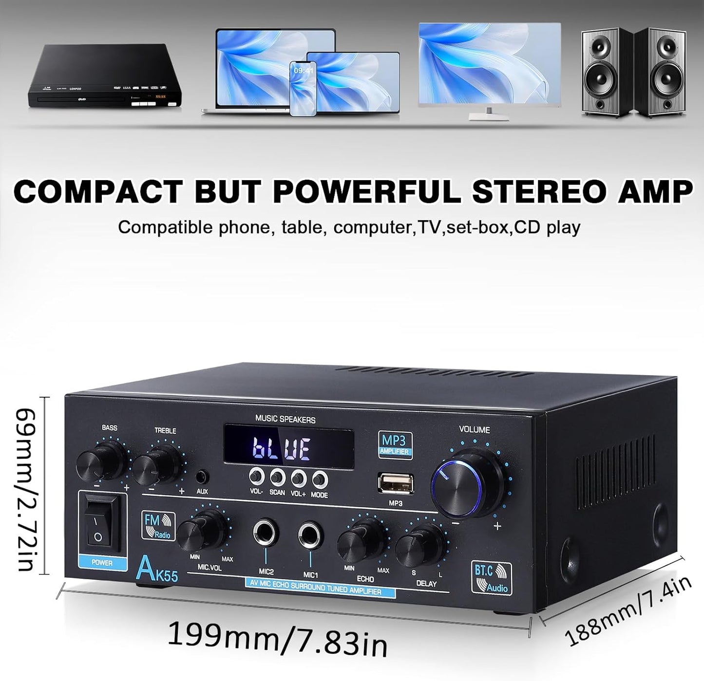 AK55 Bluetooth 5.0 Amplifier Home Audio,2.0 Channel Max 450W Power Stereo Amplifier Receiver w/USB/AUX/RCA/Opt/COA /2 MIC in for Home Theater Speakers