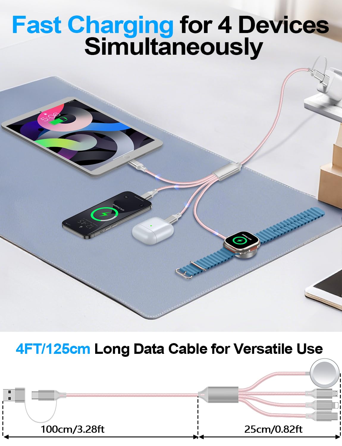 2 Pack Charging Cable for Apple Watch Charger/Samsung/iPhone Charger,Car/Office/Camping/Travel Essentials,Type C Cable Cord for iWatch Ultra/10-2/iPhone 16-11/Samsung S25-S20,iPad,airPods-Pink